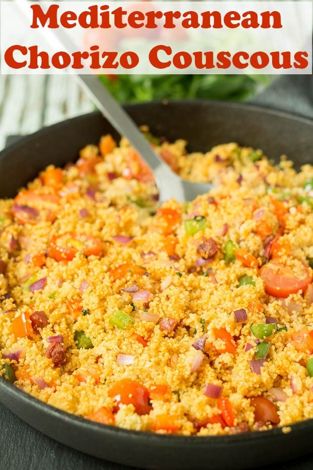 A pan of cooked Mediterranean Chorizo Couscous