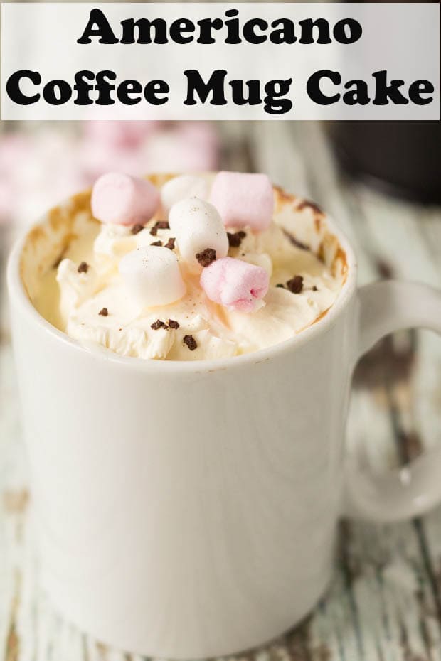 Americano coffee mug cake decorated with mini marshmallows with a cafetiere in the background.