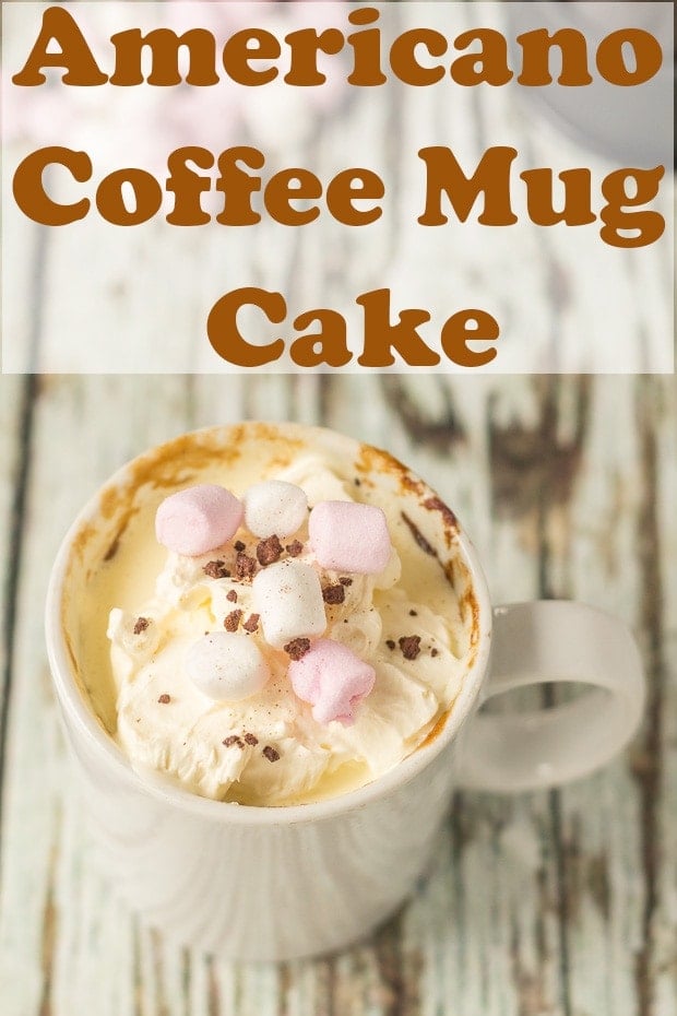 Americano coffee mug cake topped with mini marshmallows. Pin title text overlay at top.