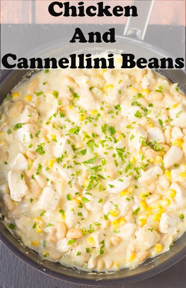 Birds eye view of a pan of cooked chicken and cannellini beans. Pin title text overlay at top.