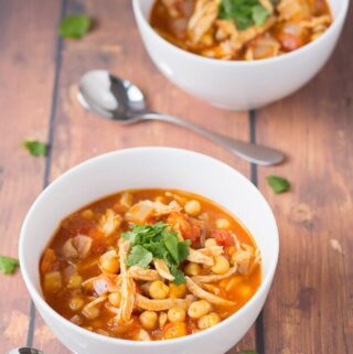 Easy Moroccan chicken soup is a delicious hearty and full bodied soup made from the popular spices of Morocco. Thick and comforting this is an easy to make all in one quick healthy meal.