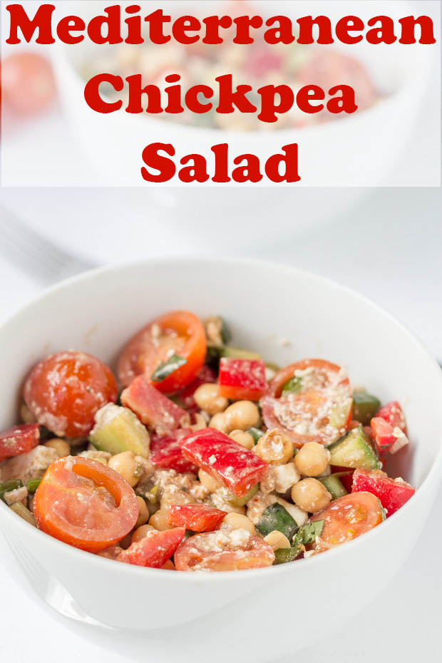 A white bowl filled with Mediterranean Chickpea Salad.