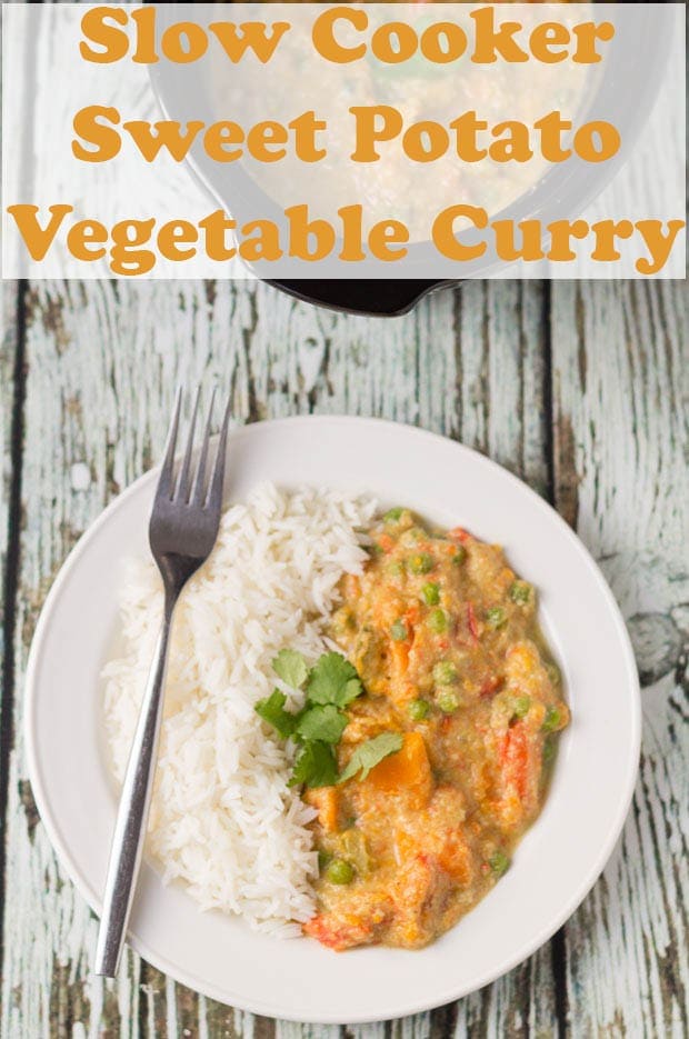 Birds eye view of a plate of slow cooker sweet potato and vegetable curry.
