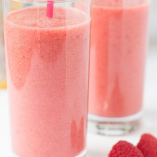 This banana raspberry orange power smoothie is not only packed with fresh banana, juicy raspberries and tangy orange juice but it's really simple to make. This perfect healthy vegan smoothie makes a refreshing breakfast and it's a great mid afternoon pick me up snack too!