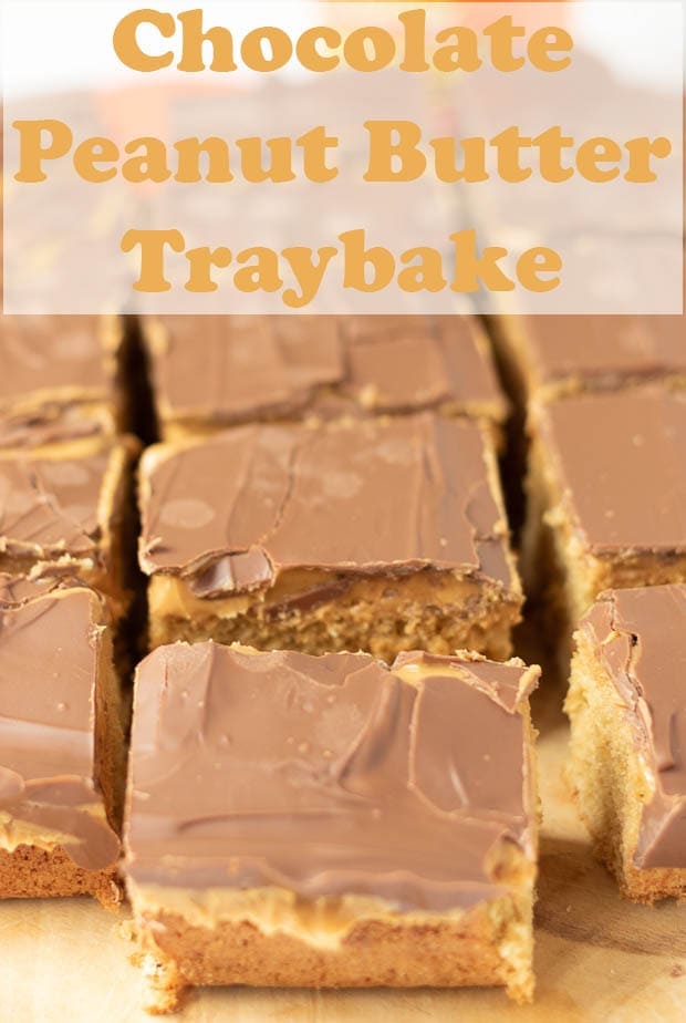 Chocolate peanut butter tray bake slices placed on a chopping board.