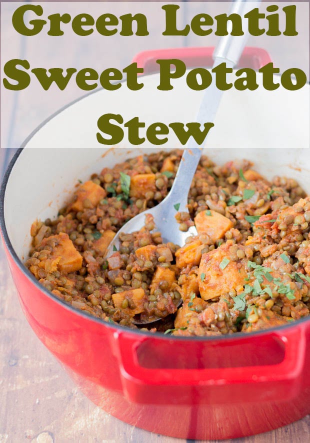Casserole pot of delicious cooked green lentil and sweet potato stew ready to serve and eat.