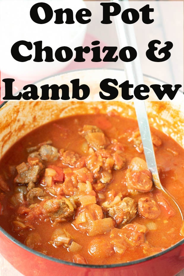 One pot chorizo and lamb stew cooked in a casserole pot with a spoon in ready to serve.