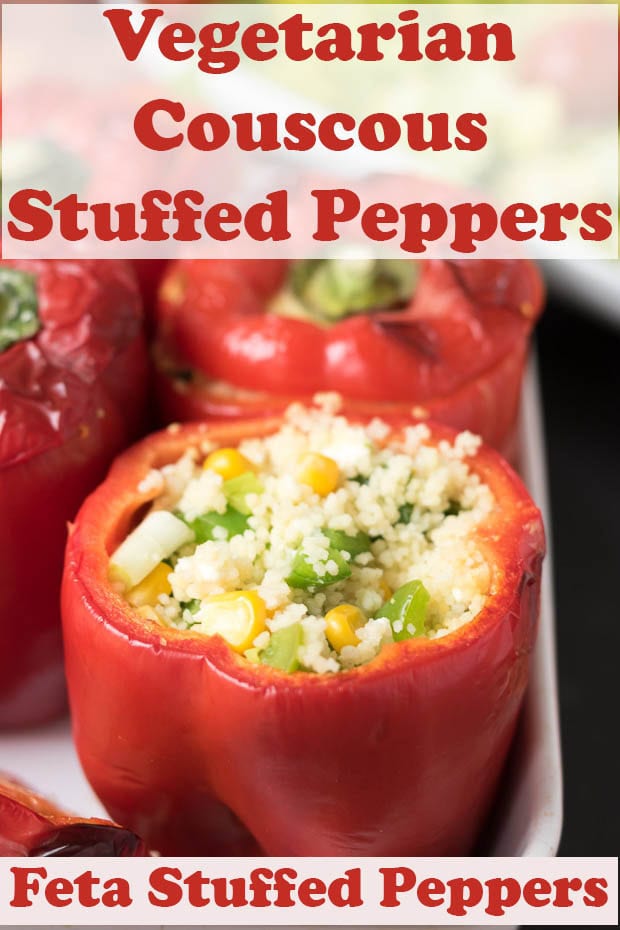 Vegetarian couscous stuffed peppers in a dish. Pin title text overlay at top. Text overlay at bottom reads feta stuffed peppers.