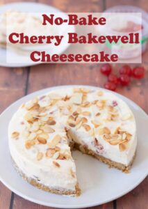 This no bake cherry bakewell cheesecake recipe is really simple to make. It has all the classic flavours of a bakewell tart and is perfect for entertaining!