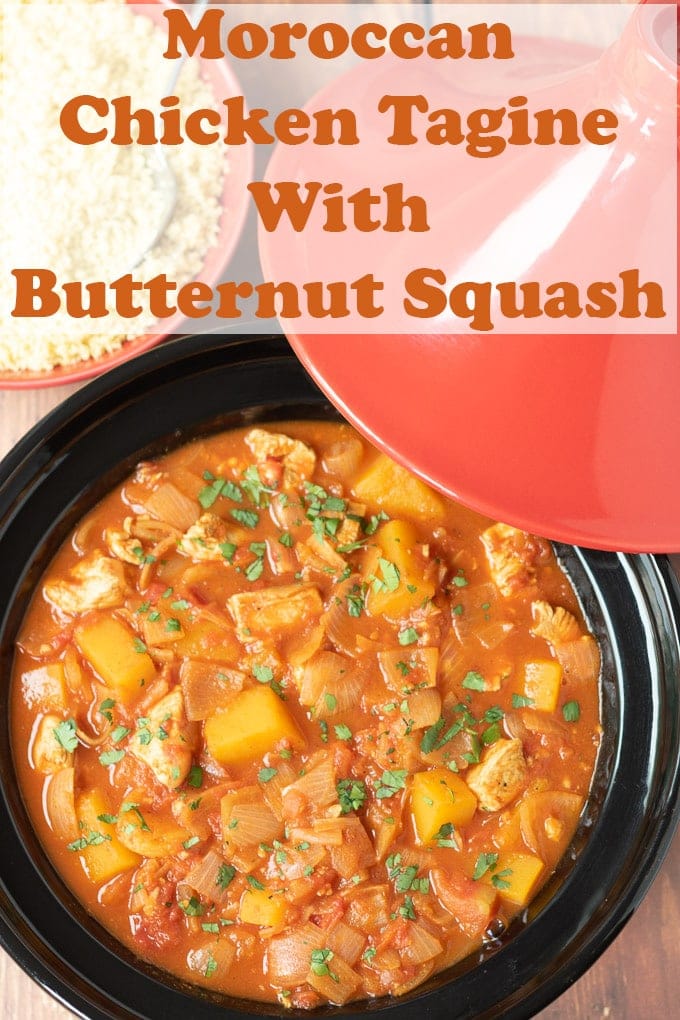 Birds eye view of Moroccan chicken tagine with butternut squash. Pin title text overlay at top.