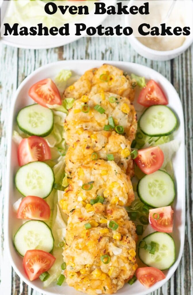 A platter of six leftover mashed potato cakes surrounded by salad. Pin title text overlay at top.