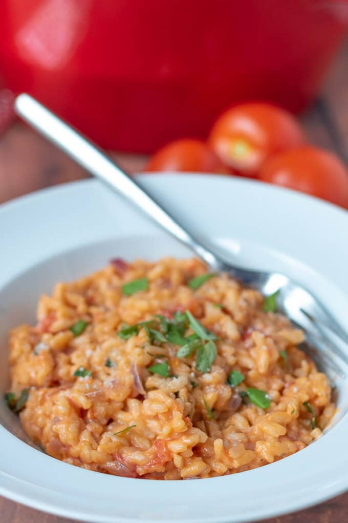 White pasta dish with cooked tomato and basil risotto in placed in front of red casserole cooking dish ready to eat.