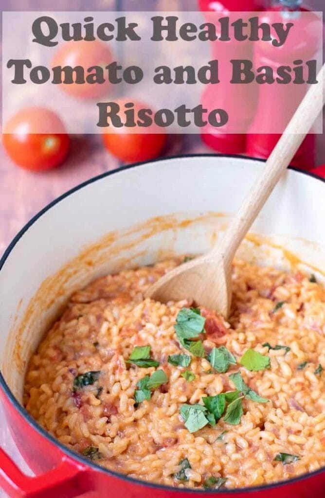 Quick healthy tomato and basil risotto is a low cost easy to make recipe. This creamy vegetarian dish makes a perfect midweek meal for 4. Using minimal ingredients this is a delicious heart warming Italian dish! #neilshealthymeals #recipe #dinner #Italian #tomato #basil #risotto #vegetarian