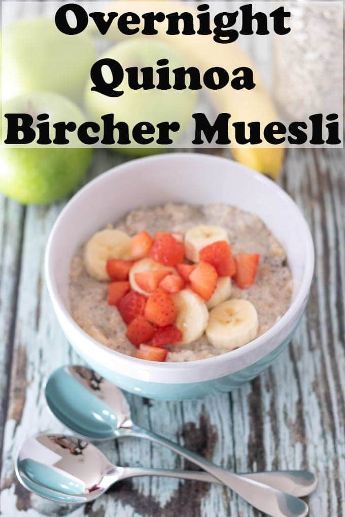 Bowl of quinoa bircher muesli with spoons at the front and apples and bananas behind.