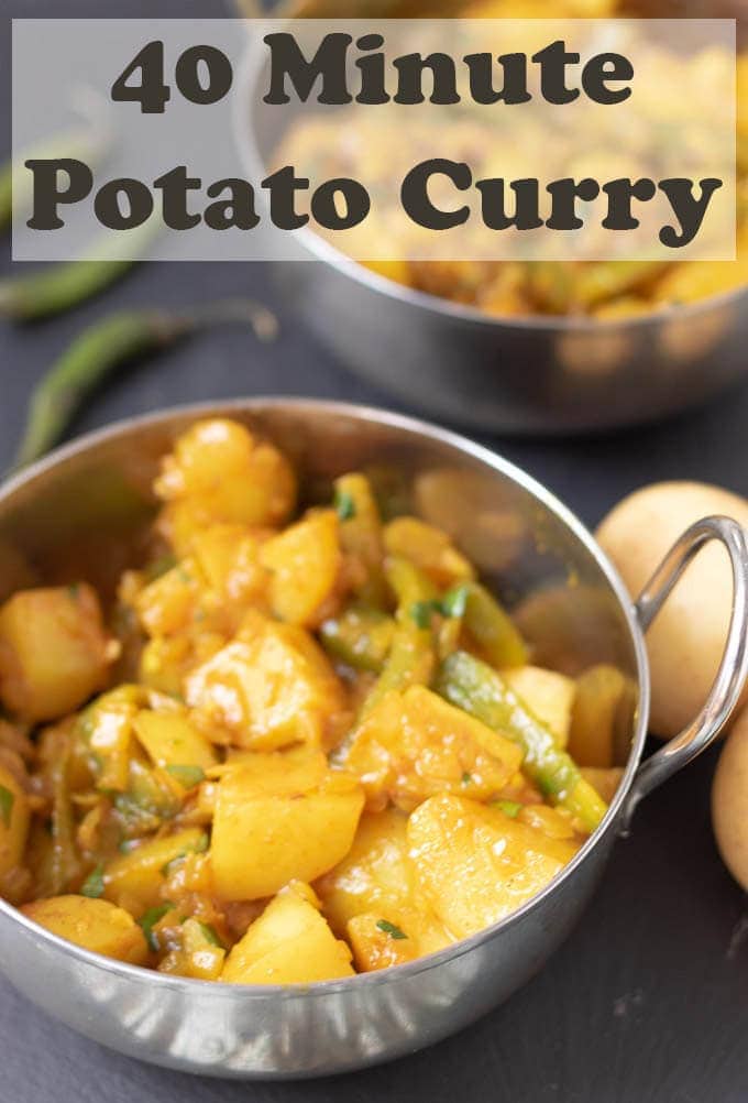 40 minute potato curry is a delicious easy vegan curry recipe. You'll love this healthy filling dish. It's perfect as a weeknight quick hearty meal! #neilshealthymeals #recipe #potato #curry #easy #vegan #healthy