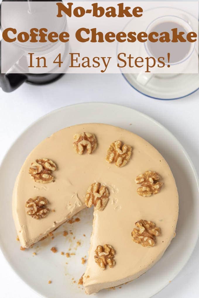 Birds eye view of coffee cheesecake with a slice taken out and a coffee Cafetiere and cup of coffee at the top.