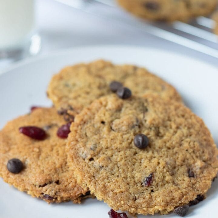 A plate of 3 delicious dark chocolate chip cranberry cookies served and ready to eat.