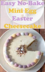 Easy no-bake mini egg Easter cheesecake is the perfect Easter cheesecake recipe! A delicious biscuit base topped with cream cheese and decorated with mini eggs. Kids and big kids alike will love this! #neilshealthymeals #recipe #no-bake #miniegg #easter #cheesecake
