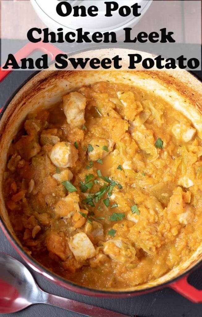 One pot chicken leek and sweet potato is the perfect quick healthy weeknight dinner recipe. This delicious and easy family casserole bakes in the oven and saves on the washing up! #neilshealthymeals #recipe #onepot #chicken #leek #sweetpotato