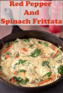Red pepper and spinach frittata is a delicious and easy quick healthy meal. Serve this vegetarian dish for breakfast, brunch or dinner. The choice is yours! #neilshealthymeals #recipe #redpepper #spinach #frittata