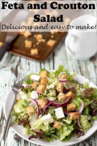 Feta and crouton salad is a deliciously simple salad bursting with Mediterranean flavours. This healthy filling salad is an excellent main course. #neilshealthymeals #feta #crouton #salad
