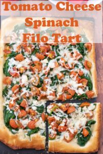 Tomato cheese and spinach filo tart baked and ready to serve. A square pulled away at the bottom right. Pin title text overlay at top.