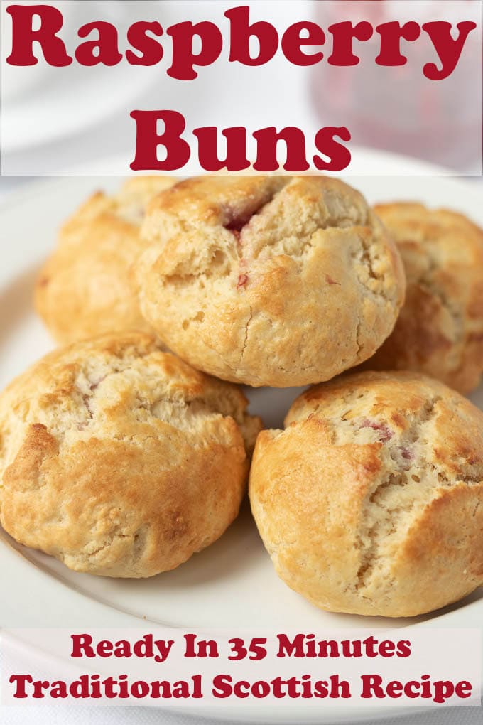 Five raspberry buns on a plate, with text reading “Raspberry Buns” and “Ready in thirty-five minutes, traditional Scottish recipe.”
