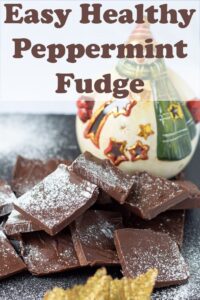 Easy healthy peppermint fudge squares on a slate dusted with icing sugar. Pin title text overlay at top.