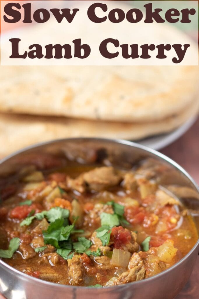 A serving of slow cooker lamb curry in a balti dish. Pin title text overlay at top.