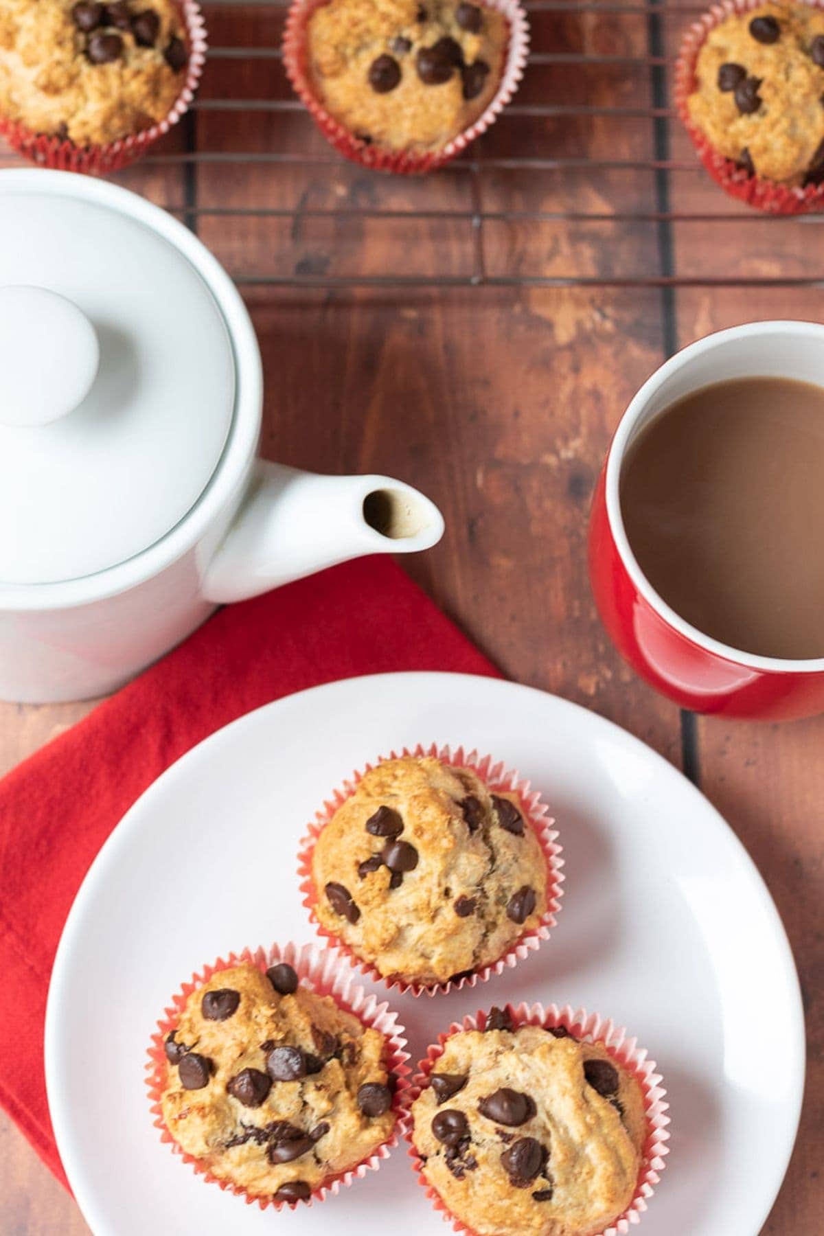 Birds eye view of a plate of wholemeal sugar free muffins with chocolate chips. Teapot, cup of tea and rack of muffins cooling at the top.