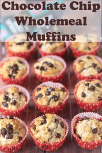 A wire baking rack of wholemeal muffins with chocolate chips. Pin title text overlay at top.