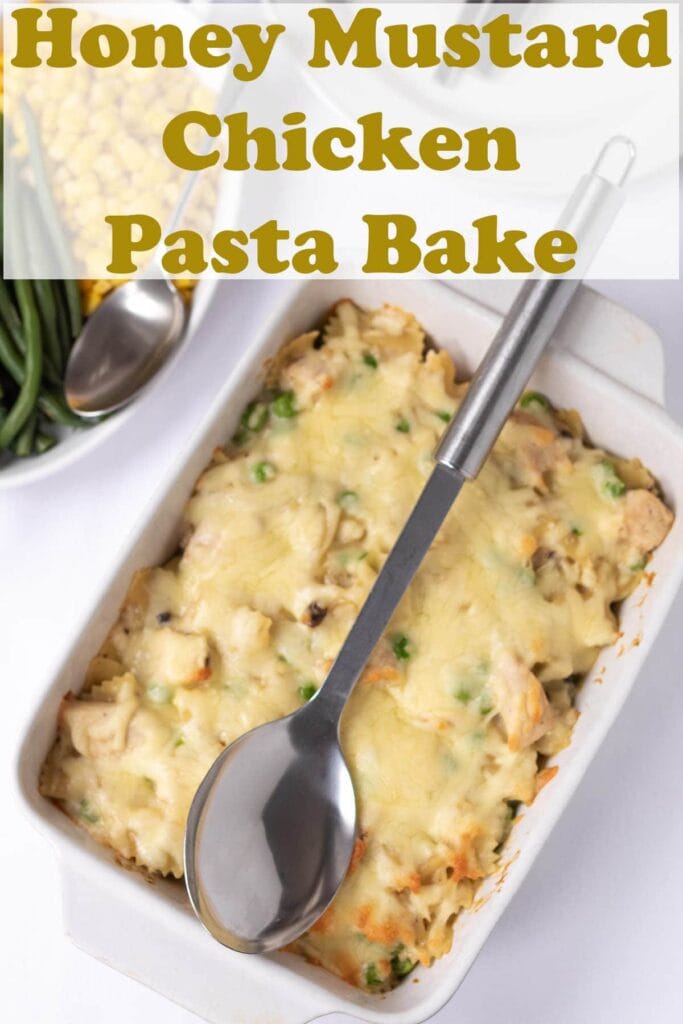Birds eye view of chicken pasta bake with title above.