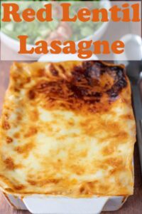 Red lentil lasagne. Pin title text overlay at top.