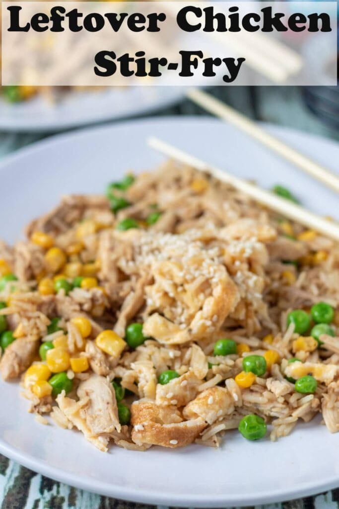 A plate of leftover chicken stir-fry with chopsticks on. Pin title text overlay at top.