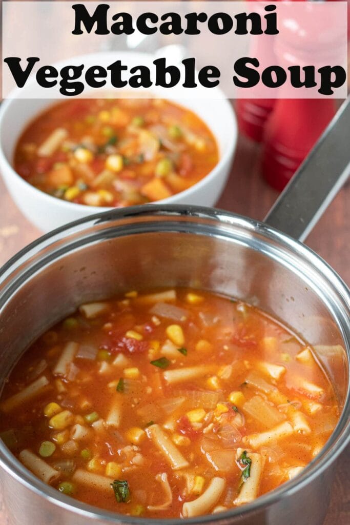 A pot of macaroni vegetable soup with a bowl of soup in the background. Pin title at top.