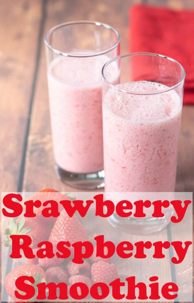 Two glasses of strawberry and raspberry smoothie with a red napkin in the background. Pin title text overlay at the bottom.