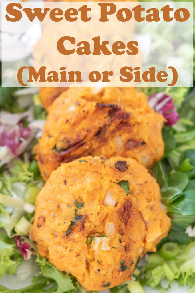 Sweet potato cakes on a small platter serving dish. Ideal as a side dish or main. Pin title text overlay at top.