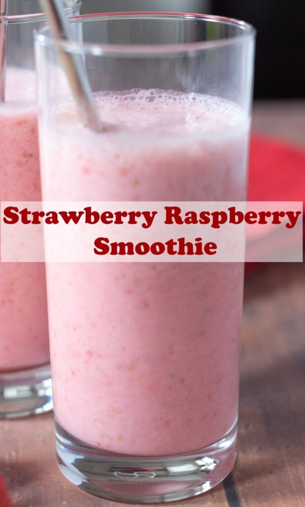 A glass of strawberry and raspberry smoothie with pin title text overlay across the middle.