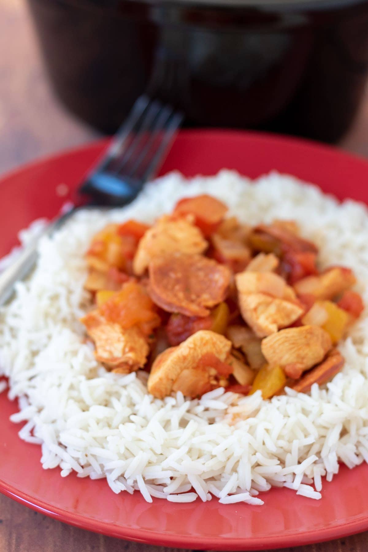 Close up of a plate of slow cooker chicken and chorizo served on a bed of rice with slow cooker in the background.