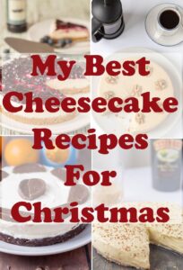 Collage of pictures of my best cheesecake recipes for Christmas with title text overlay.