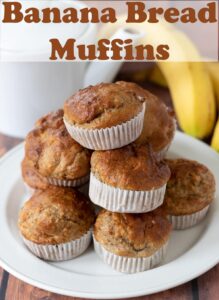 A stack of banana bread muffins on a white plate. Pin title text overlay at top.