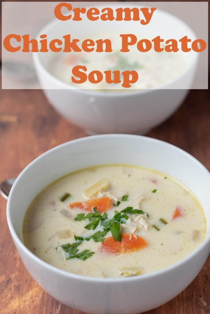 Two bowls of creamy chicken potato soup. Pin title text overlay at top.