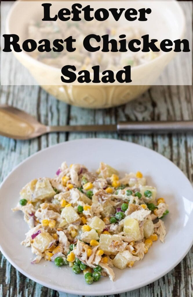 A plate of leftover roast chicken salad. Pin title text overlay at top.
