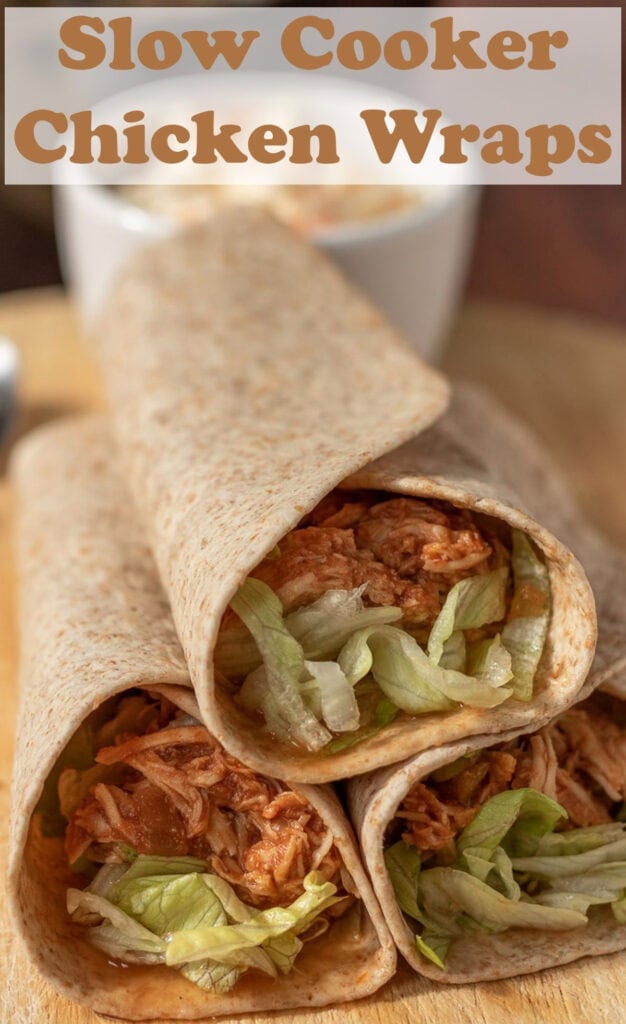 Three slow cooker shredded bbq chicken wraps on top of each other. Pin title text overlay at top.
