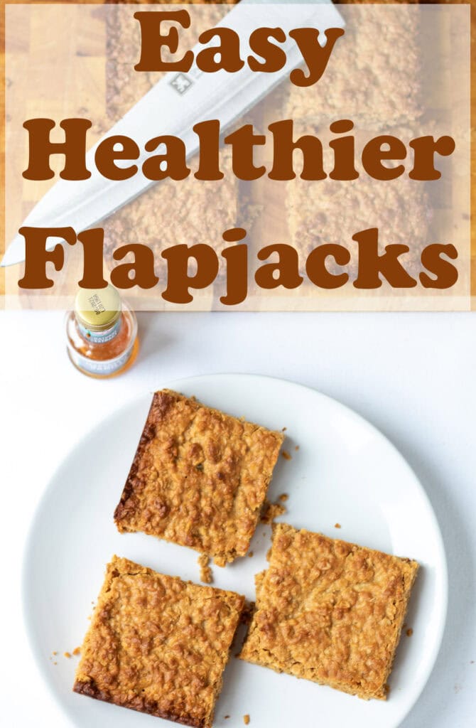 Overhead view of a plate of three easy to make healthier flapjacks. Pin title text overlay at top.
