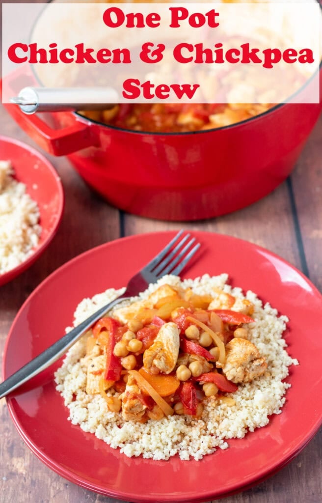 A plate of one pot chicken and chickpea stew served on a bed of rice with a fork. Pin title text overlay at top.
