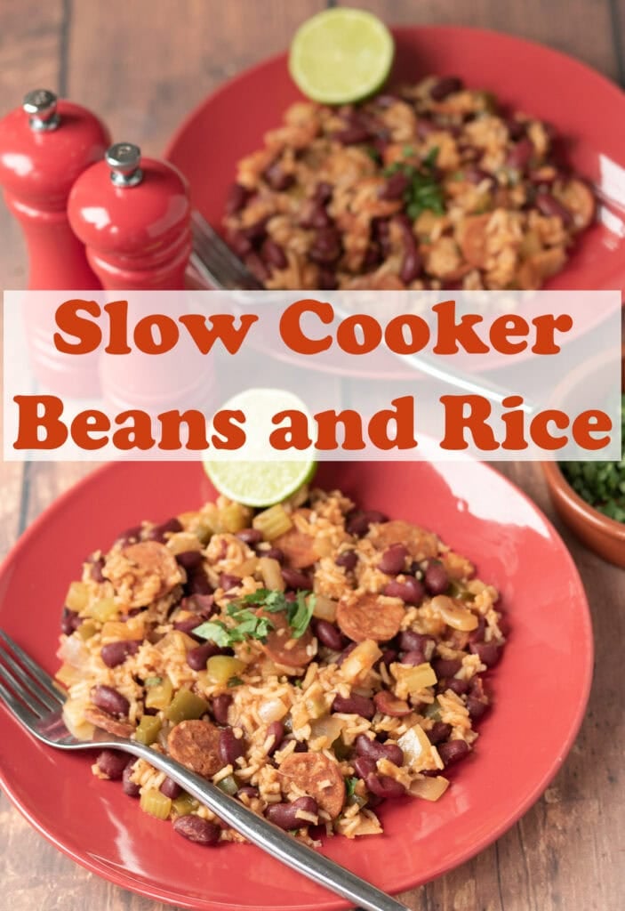 Overhead view of two plates of slow cooker beans and rice. Pin title text overlay in centre.