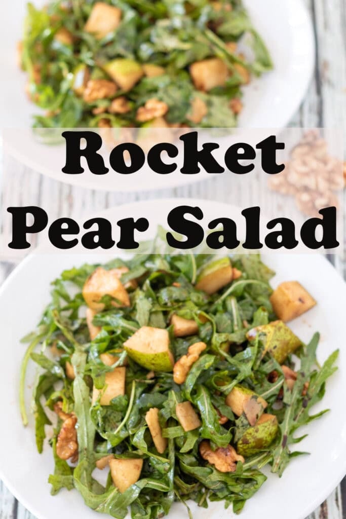 Two plates of rocket and pear salad one above the other. Pin title text overlay in between.