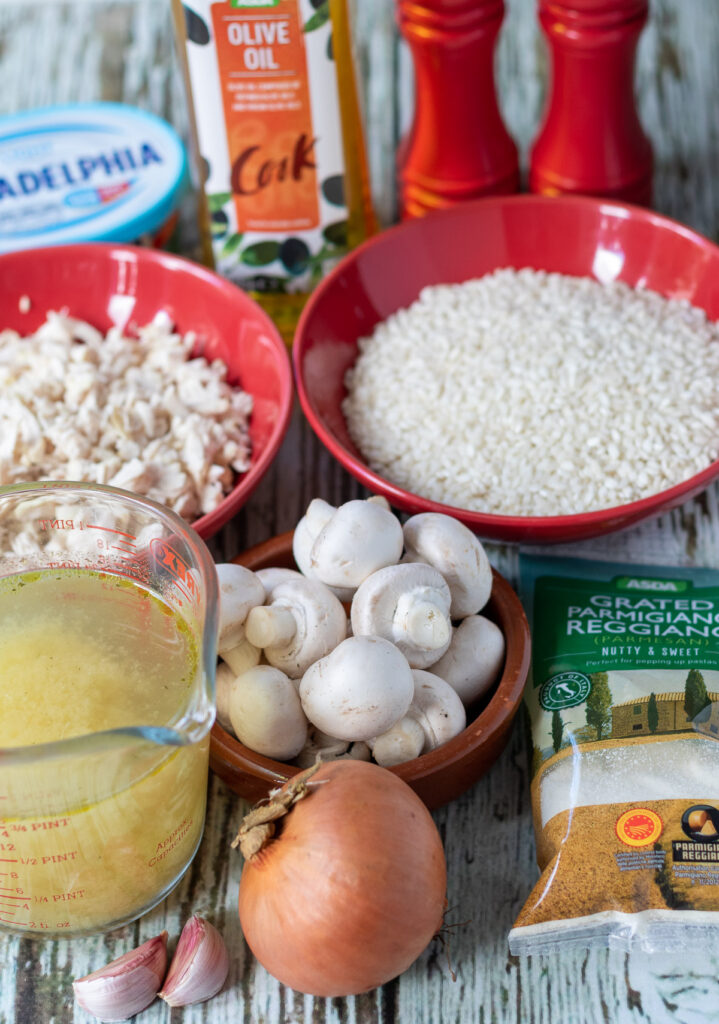 Quick healthy chicken risotto ingredients on table.