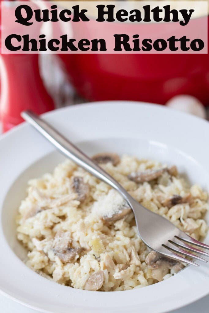 A plate of chicken risotto with a fork on top. Casserole pot and salt cellar in the background. Pin title text overlay on top.
